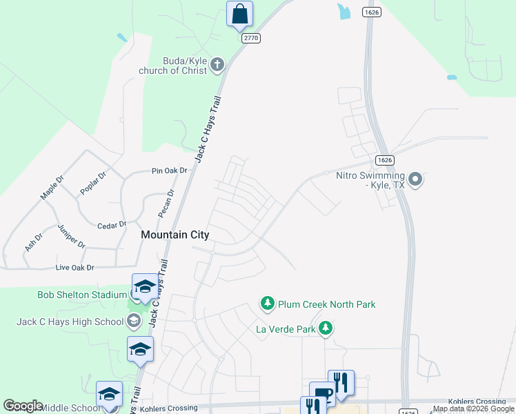 map of restaurants, bars, coffee shops, grocery stores, and more near 4909-5053 Jack C Hays Trail in Mountain City
