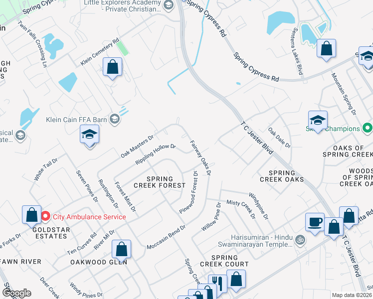 map of restaurants, bars, coffee shops, grocery stores, and more near 6202 Rippling Hollow Drive in Spring