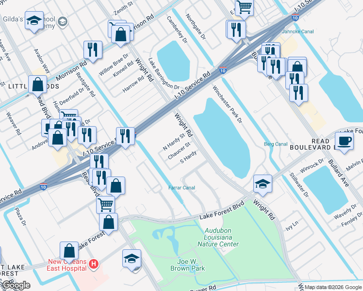 map of restaurants, bars, coffee shops, grocery stores, and more near 11019 Chaucer Street in New Orleans