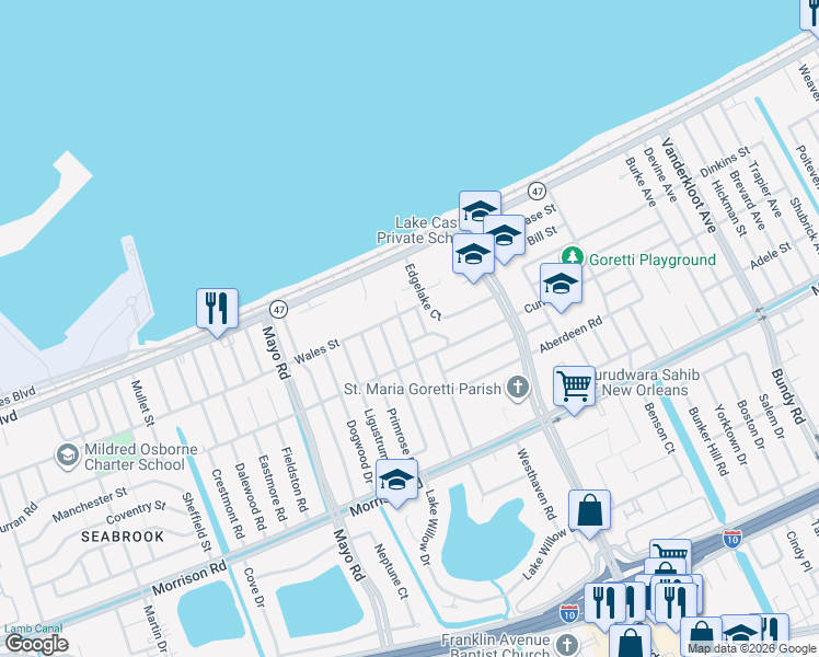 map of restaurants, bars, coffee shops, grocery stores, and more near 7825 Beach Drive in New Orleans