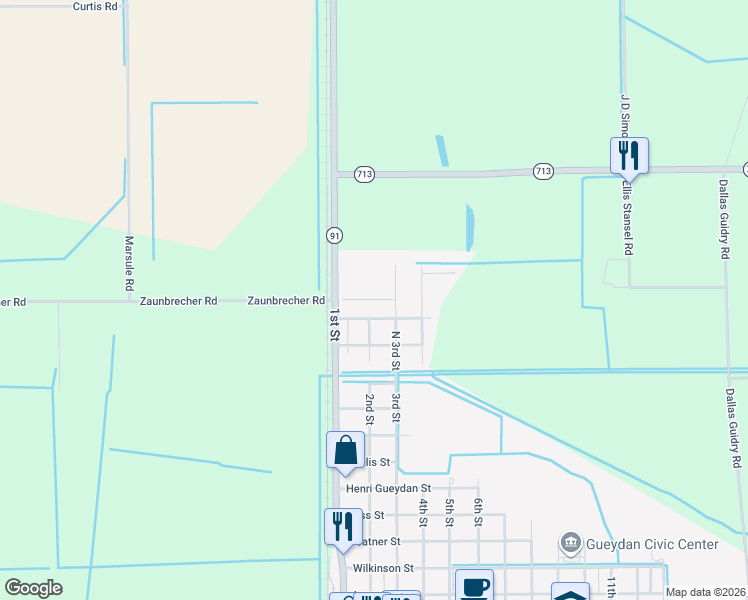 map of restaurants, bars, coffee shops, grocery stores, and more near 124-156 Theriot Street in Gueydan