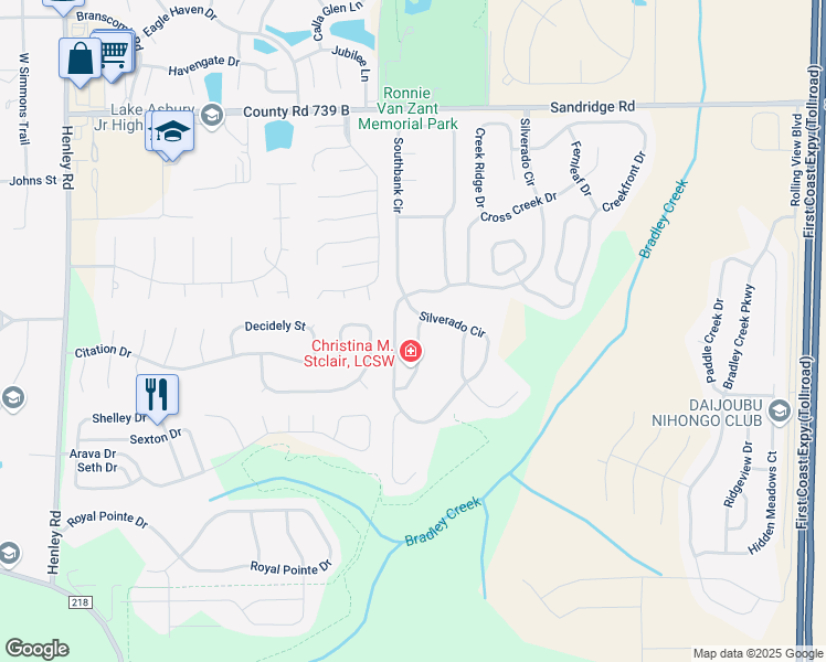map of restaurants, bars, coffee shops, grocery stores, and more near 1908 Firefly Drive in Green Cove Springs