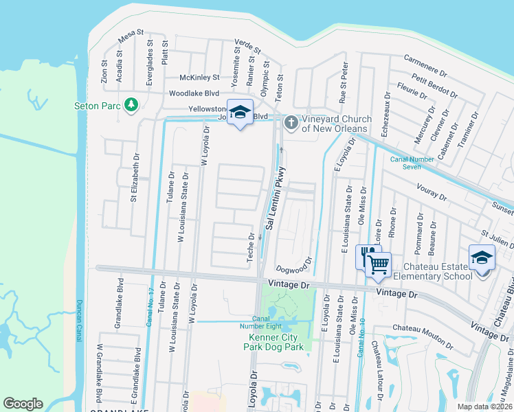 map of restaurants, bars, coffee shops, grocery stores, and more near 4112 Bayou Savage Drive in Kenner
