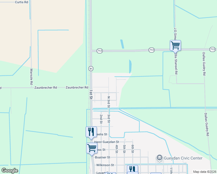 map of restaurants, bars, coffee shops, grocery stores, and more near 124 Theriot Street in Gueydan