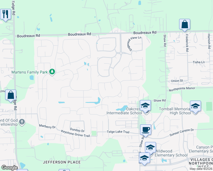 map of restaurants, bars, coffee shops, grocery stores, and more near 18622 Rimini Ridge Court in Cypress