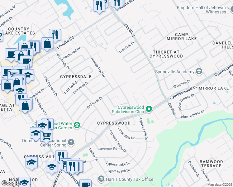 map of restaurants, bars, coffee shops, grocery stores, and more near 3811 Fir Forest Drive in Spring