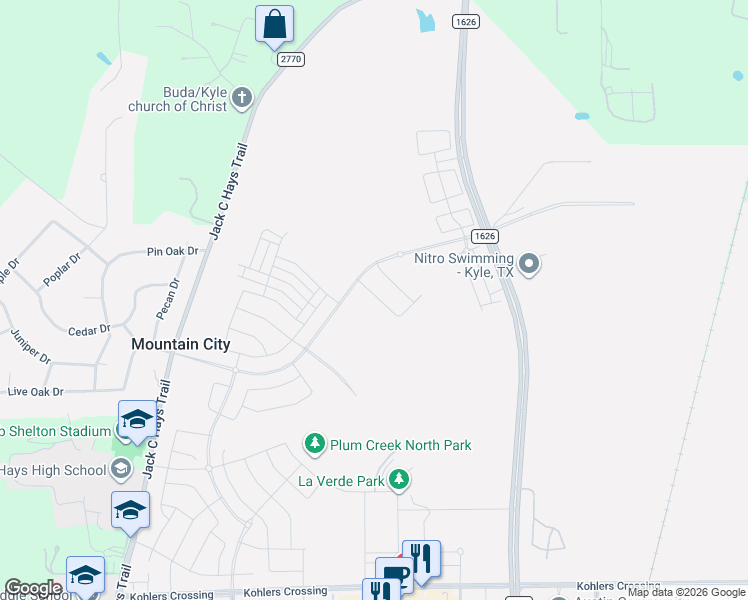 map of restaurants, bars, coffee shops, grocery stores, and more near Farm to Market 1626 in Kyle