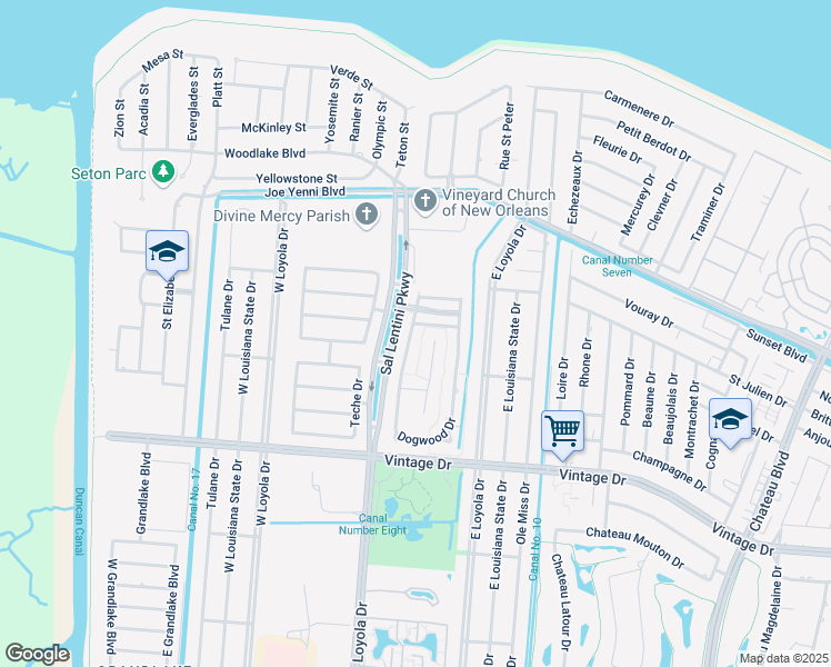 map of restaurants, bars, coffee shops, grocery stores, and more near 9 Dogwood Drive in Kenner