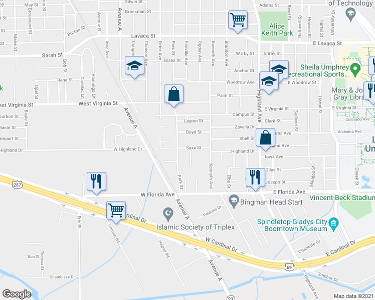 map of restaurants, bars, coffee shops, grocery stores, and more near 4820 Wyatt Street in Beaumont