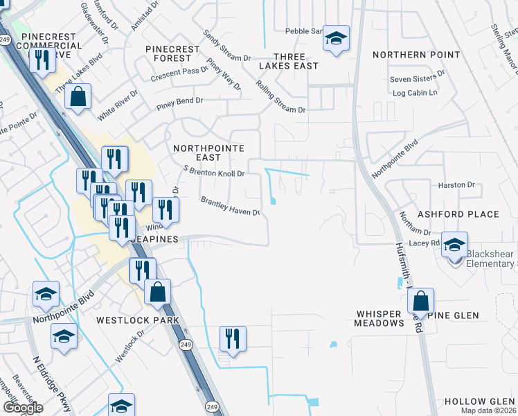 map of restaurants, bars, coffee shops, grocery stores, and more near 19014 Avalon Springs Drive in Tomball