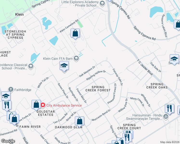 map of restaurants, bars, coffee shops, grocery stores, and more near 6415 Oak Masters Drive in Spring