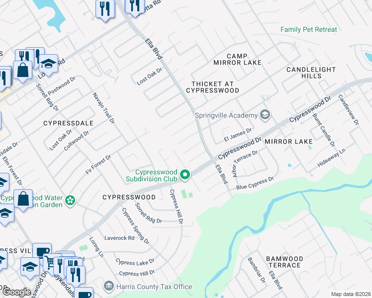 map of restaurants, bars, coffee shops, grocery stores, and more near 3626 Shipman Lane in Spring