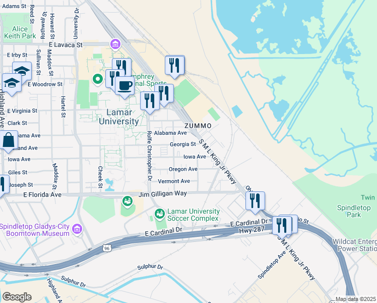map of restaurants, bars, coffee shops, grocery stores, and more near 1165 Iowa Avenue in Beaumont