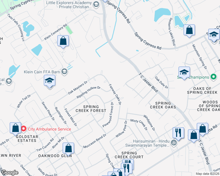 map of restaurants, bars, coffee shops, grocery stores, and more near 6202 Rippling Hollow Drive in Spring