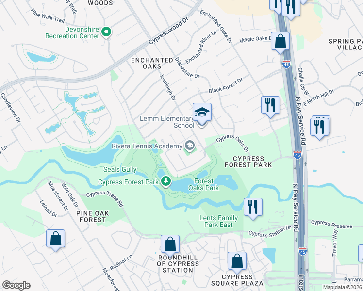 map of restaurants, bars, coffee shops, grocery stores, and more near 19103 South Rim Trail in Spring