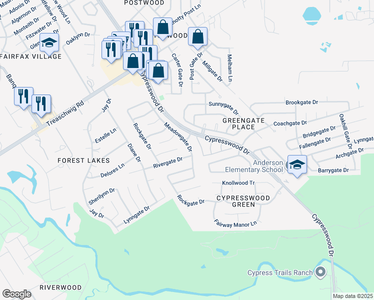 map of restaurants, bars, coffee shops, grocery stores, and more near 5622 Cypressgate Drive in Spring