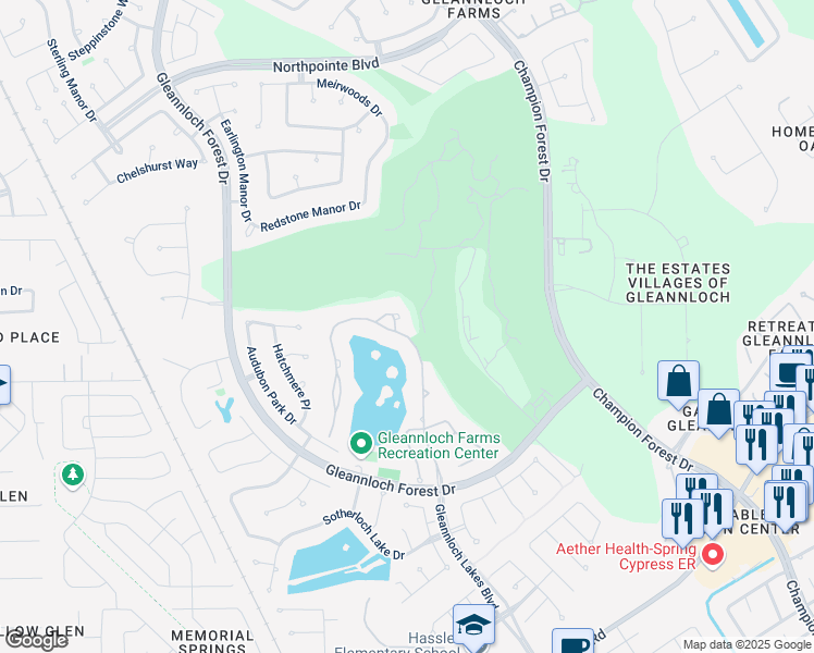 map of restaurants, bars, coffee shops, grocery stores, and more near 66 Manor Lake Estates Circle in Spring