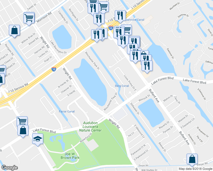 map of restaurants, bars, coffee shops, grocery stores, and more near 5830 Winchester Park Drive in New Orleans