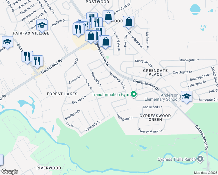 map of restaurants, bars, coffee shops, grocery stores, and more near 5515 Cypressgate Drive in Spring