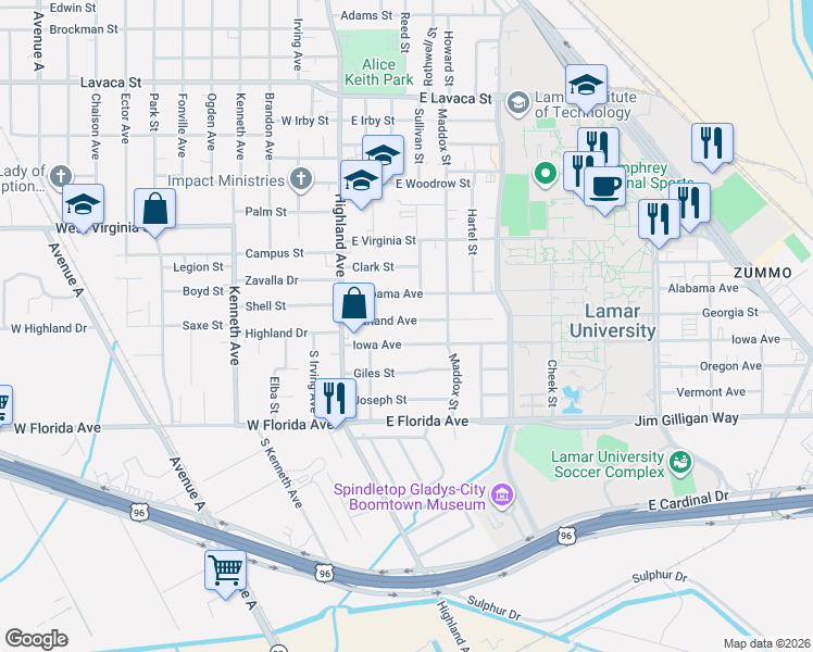 map of restaurants, bars, coffee shops, grocery stores, and more near 328 Garland Avenue in Beaumont
