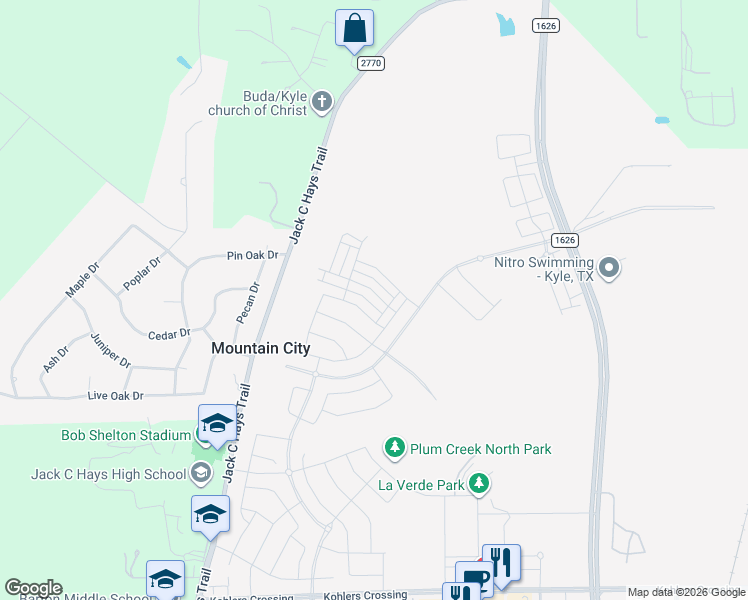 map of restaurants, bars, coffee shops, grocery stores, and more near 4909-5053 Jack C Hays Trail in Mountain City