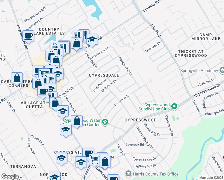 map of restaurants, bars, coffee shops, grocery stores, and more near 18102 Cypress Spring Drive in Spring