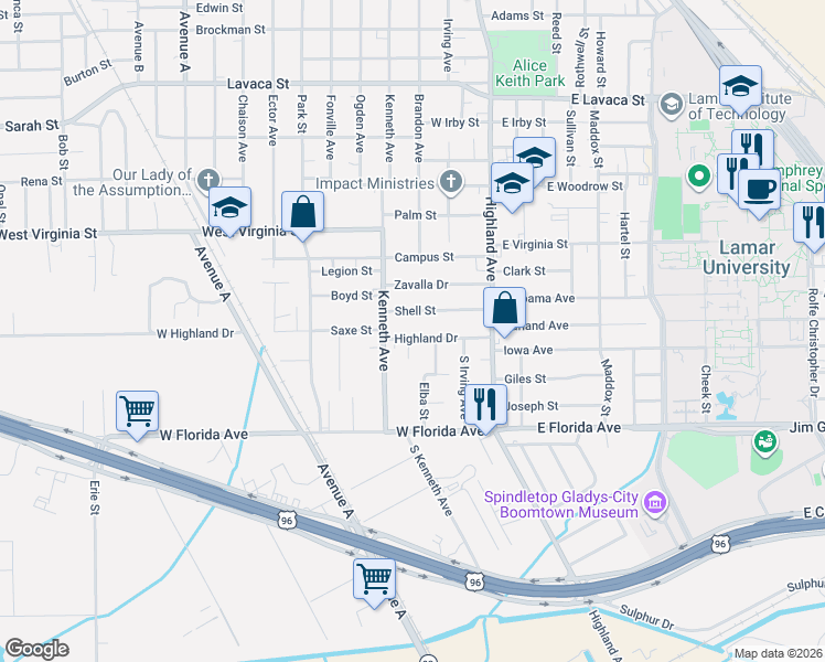 map of restaurants, bars, coffee shops, grocery stores, and more near 788 Highland Drive in Beaumont