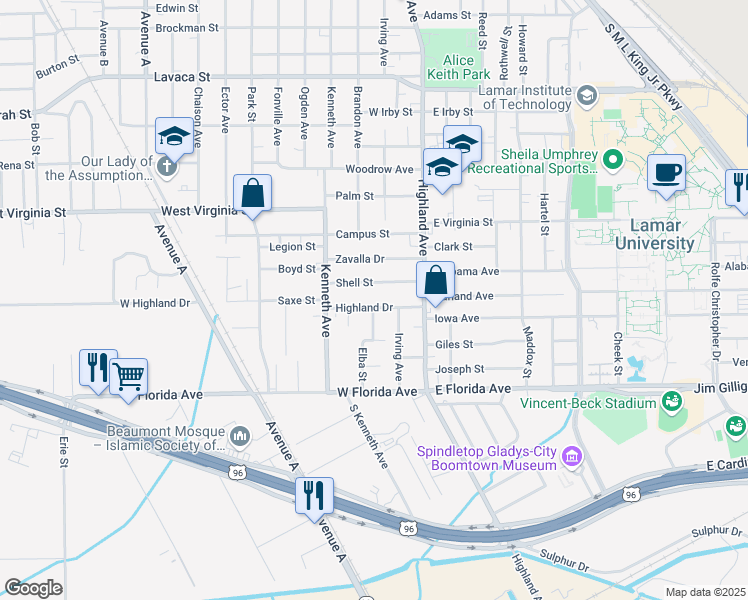 map of restaurants, bars, coffee shops, grocery stores, and more near 690 Highland Dr in Beaumont