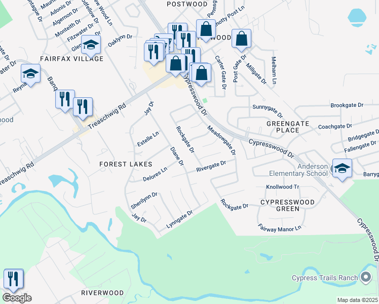 map of restaurants, bars, coffee shops, grocery stores, and more near 22419 Rockgate Drive in Spring