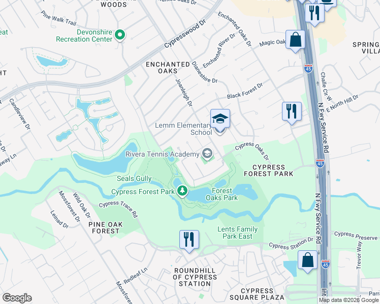 map of restaurants, bars, coffee shops, grocery stores, and more near 19103 South Rim Trail in Spring