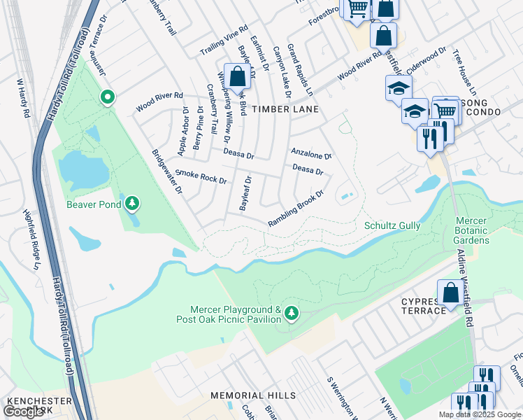 map of restaurants, bars, coffee shops, grocery stores, and more near 22723 Earlmist Drive in Spring