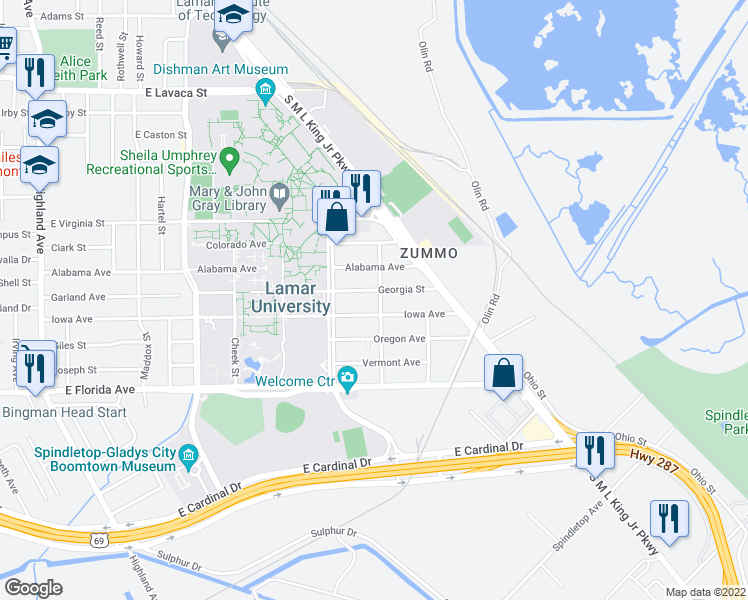 map of restaurants, bars, coffee shops, grocery stores, and more near 1096 Georgia Street in Beaumont