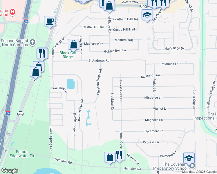 map of restaurants, bars, coffee shops, grocery stores, and more near 1599 Brooktrail Drive in Houston