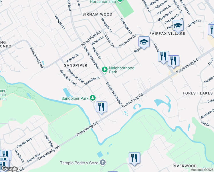 map of restaurants, bars, coffee shops, grocery stores, and more near 4118 Donalbain Drive in Spring