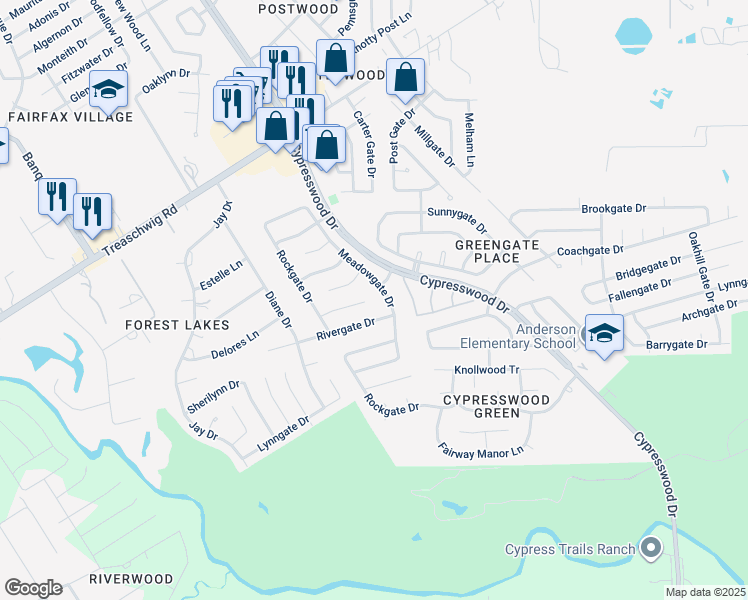 map of restaurants, bars, coffee shops, grocery stores, and more near 5622 Cypressgate Drive in Spring