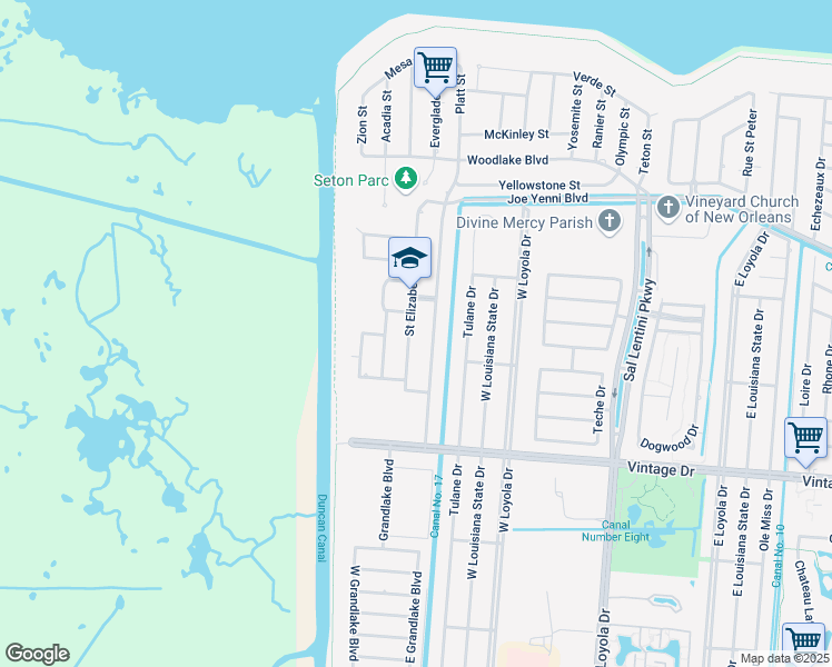map of restaurants, bars, coffee shops, grocery stores, and more near 4104 Saint Elizabeth Drive in Kenner