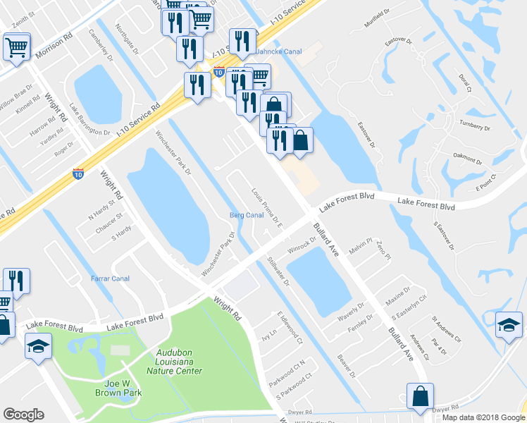 map of restaurants, bars, coffee shops, grocery stores, and more near 5748 Louis Prima Drive East in New Orleans