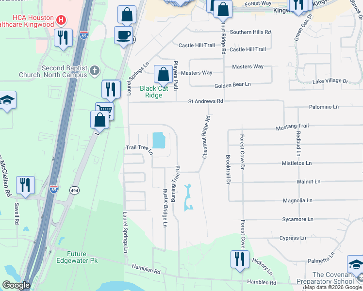map of restaurants, bars, coffee shops, grocery stores, and more near 1518 Burning Tree Road in Humble
