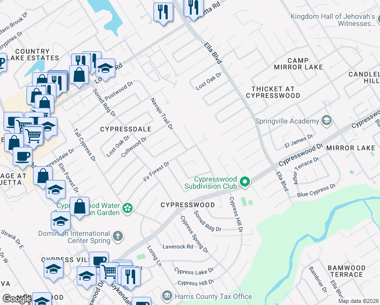 map of restaurants, bars, coffee shops, grocery stores, and more near 3811 Fir Forest Drive in Spring