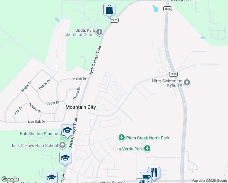 map of restaurants, bars, coffee shops, grocery stores, and more near 4909-5053 Jack C Hays Trail in Mountain City