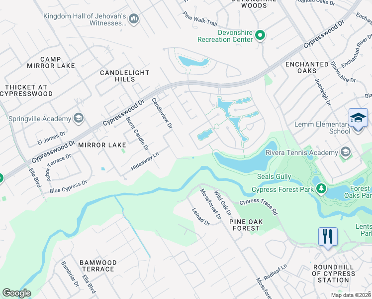 map of restaurants, bars, coffee shops, grocery stores, and more near 18602 Candleview Drive in Spring