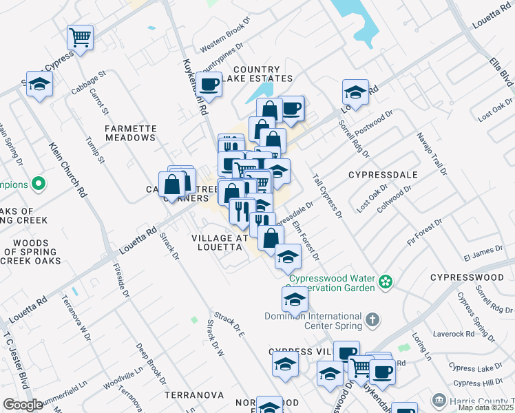 map of restaurants, bars, coffee shops, grocery stores, and more near 18460 Kuykendahl Road in Spring