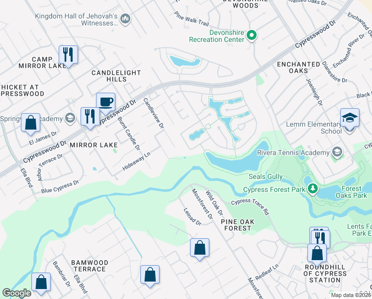 map of restaurants, bars, coffee shops, grocery stores, and more near 18602 Candleview Drive in Spring