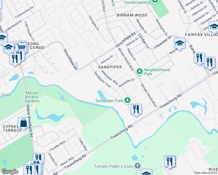 map of restaurants, bars, coffee shops, grocery stores, and more near 23127 Sandpiper Trail in Spring