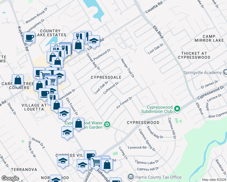 map of restaurants, bars, coffee shops, grocery stores, and more near 18102 Cypress Spring Drive in Spring