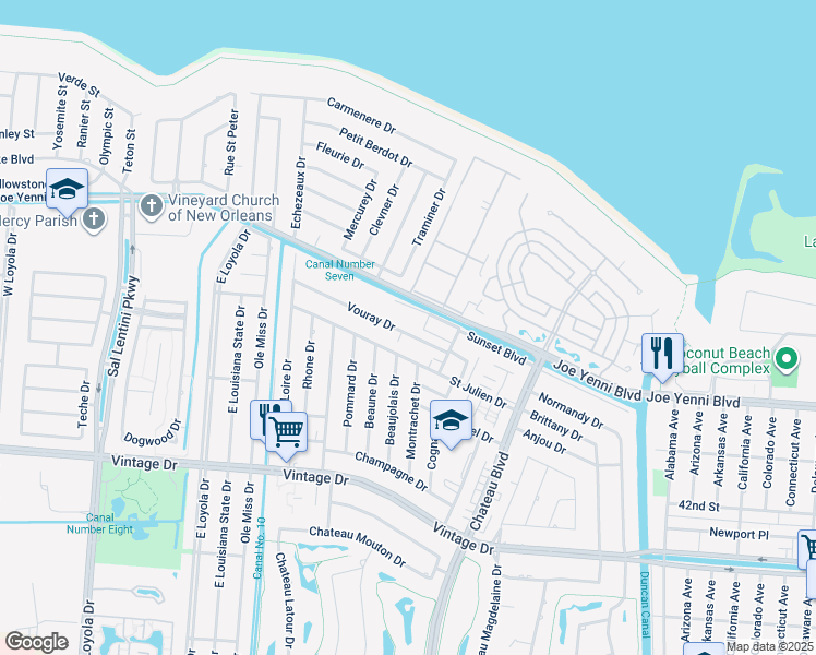 map of restaurants, bars, coffee shops, grocery stores, and more near 820 Vouray Drive in Kenner