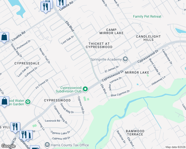 map of restaurants, bars, coffee shops, grocery stores, and more near 3603 Shipman Lane in Spring