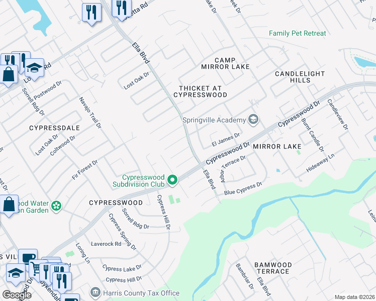 map of restaurants, bars, coffee shops, grocery stores, and more near 3603 Shipman Lane in Spring