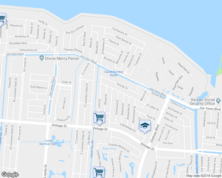 map of restaurants, bars, coffee shops, grocery stores, and more near 4249 Bordeaux Drive in Kenner