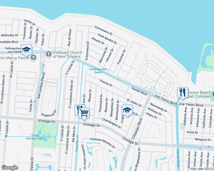 map of restaurants, bars, coffee shops, grocery stores, and more near 724 Saint Julien Drive in Kenner